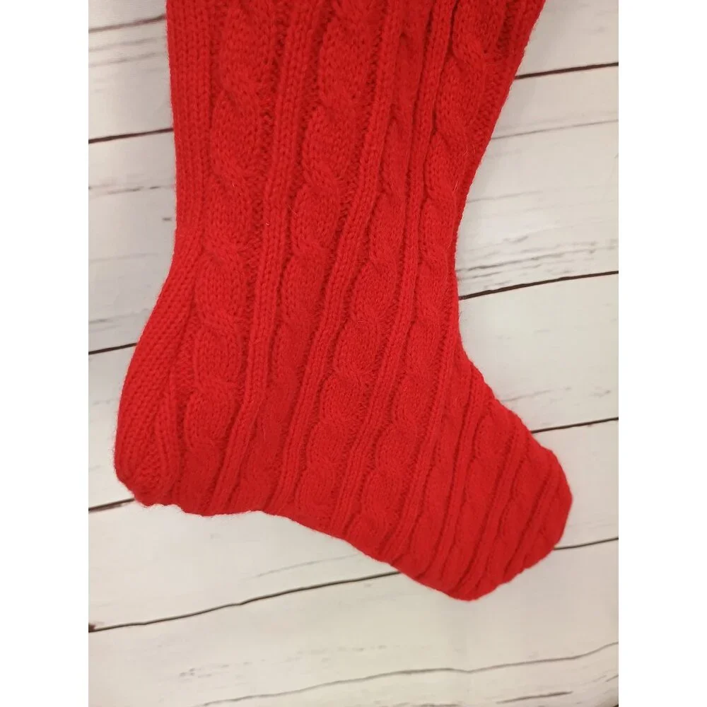 Red & Green Knit Christmas Stocking With Holly Berry Accent Cable Knit Pattern M